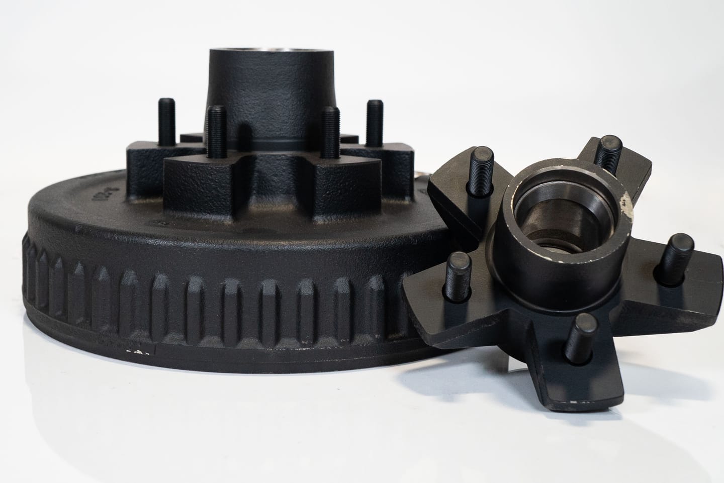 Drum and brake for trailer axle on white background
