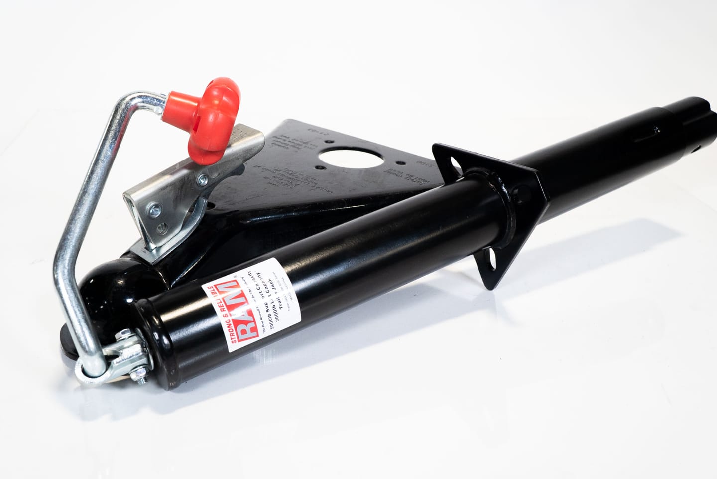 Black metal Trailer Jack/Coupler unit with silver hardware and orange handle