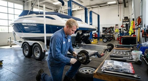 Licensed technician in blue uniform repacking wheel bearings on boat trailer's axle in clean Elkhart repair shop with boat tools and equipment